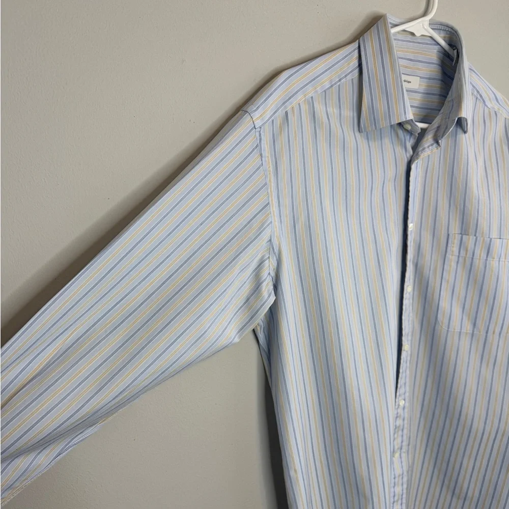 Ermenegildo Zegna Light Blue Yellow Stripe Dress Shirt 16.5 Cotton Portofino - Picture 4 of 11